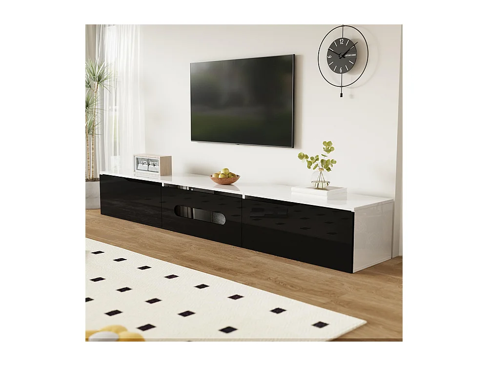 Meuble TV surface brillante longueur 180 cm avec éclairage LED 16 couleurs fixation murale blanc et noir