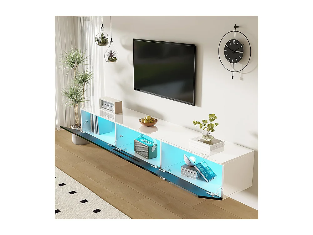 TV-meubel met glanzend oppervlak lengte 180 cm met LED-verlichting in 16 kleuren wandbevestiging wit en zwart