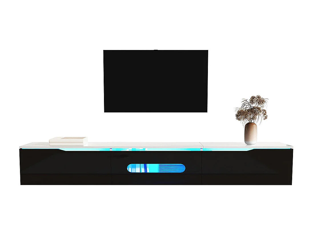 TV-meubel met glanzend oppervlak lengte 180 cm met LED-verlichting in 16 kleuren wandbevestiging wit en zwart