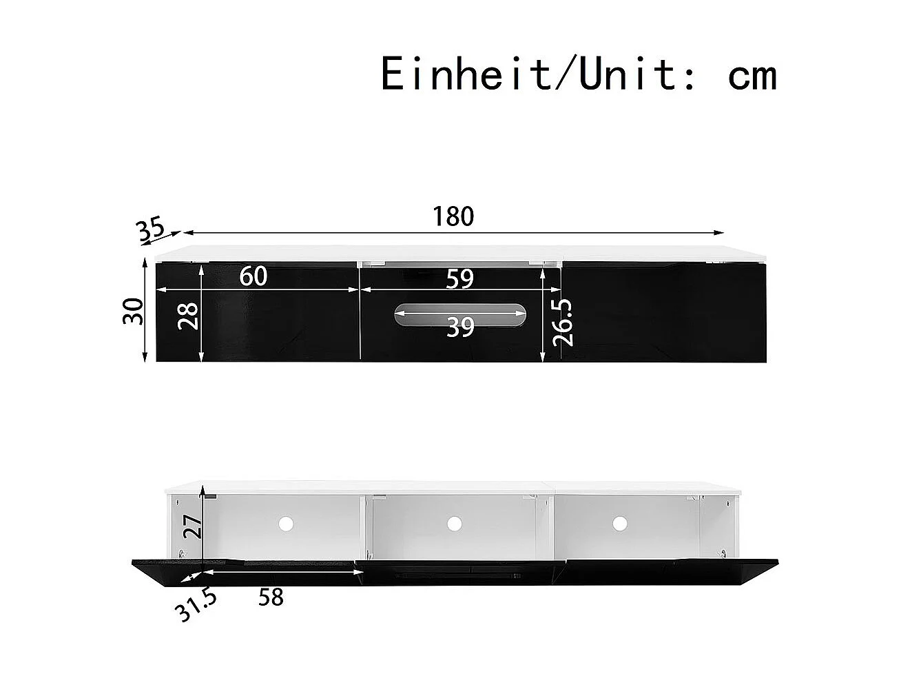 TV-meubel met glanzend oppervlak lengte 180 cm met LED-verlichting in 16 kleuren wandbevestiging wit en zwart