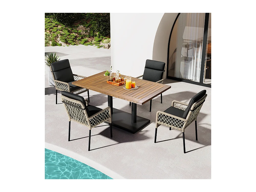 Ensemble table et chaises extérieur 5 pièces pour 4 personnes plateau bois acacia massif chaises rotin PE noir+naturel
