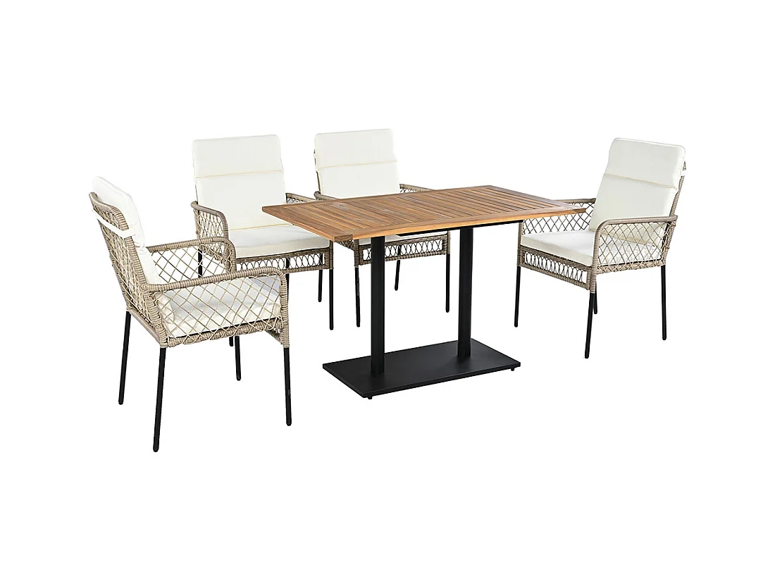 Ensemble table et chaises extérieur 5 pièces pour 4 personnes plateau bois acacia massif chaises rotin PE blanc+naturel