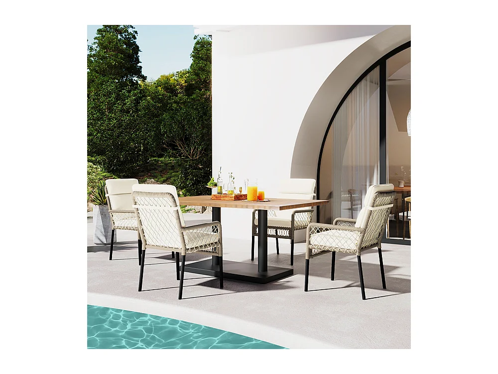 Ensemble table et chaises extérieur 5 pièces pour 4 personnes plateau bois acacia massif chaises rotin PE blanc+naturel