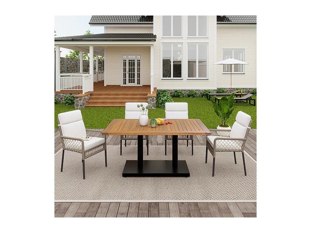 Ensemble table et chaises extérieur 5 pièces pour 4 personnes plateau bois acacia massif chaises rotin PE blanc+naturel