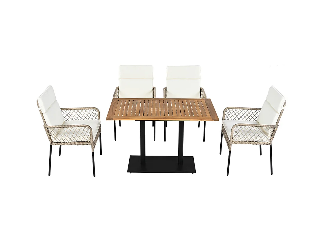 Ensemble table et chaises extérieur 5 pièces pour 4 personnes plateau bois acacia massif chaises rotin PE blanc+naturel