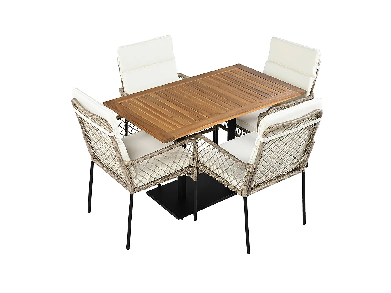 Ensemble table et chaises extérieur 5 pièces pour 4 personnes plateau bois acacia massif chaises rotin PE blanc+naturel