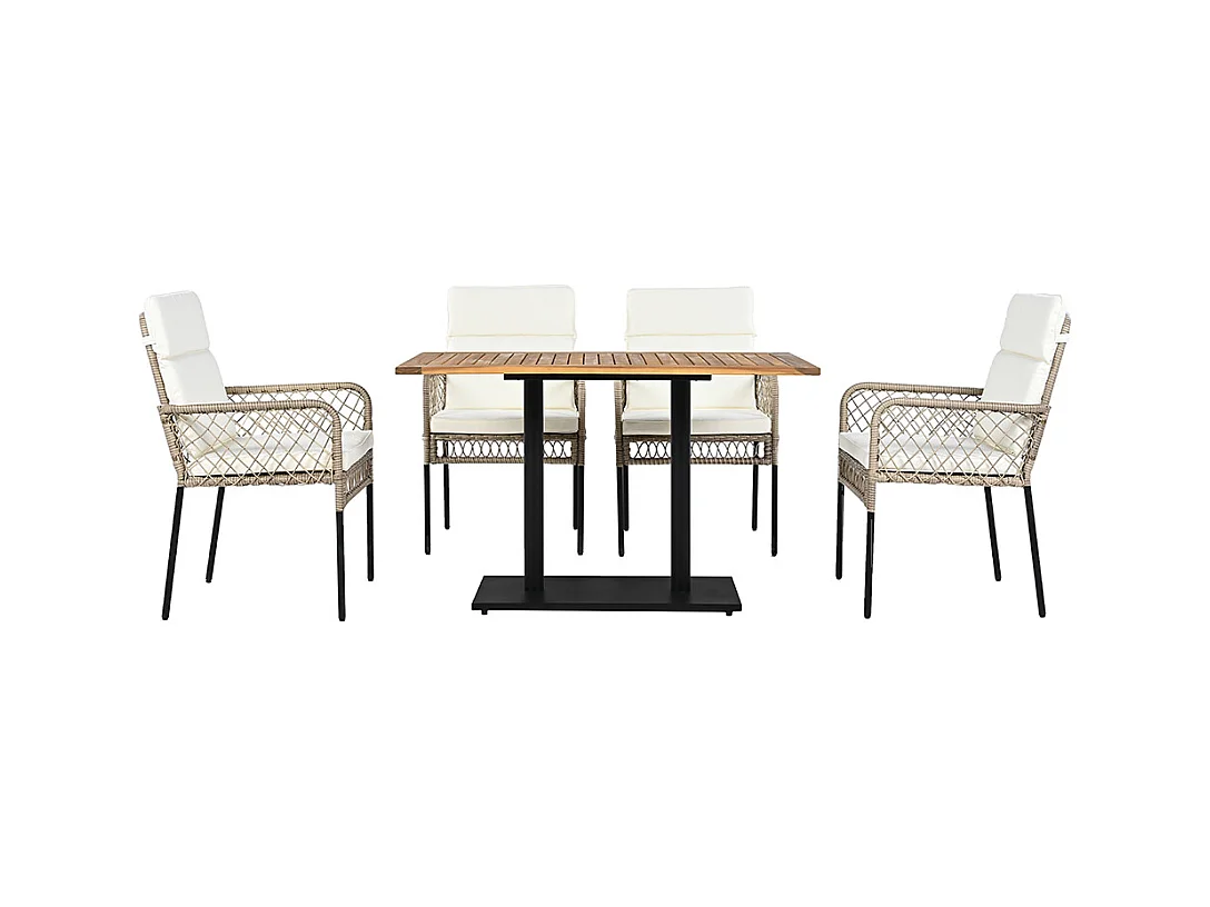 Ensemble table et chaises extérieur 5 pièces pour 4 personnes plateau bois acacia massif chaises rotin PE blanc+naturel
