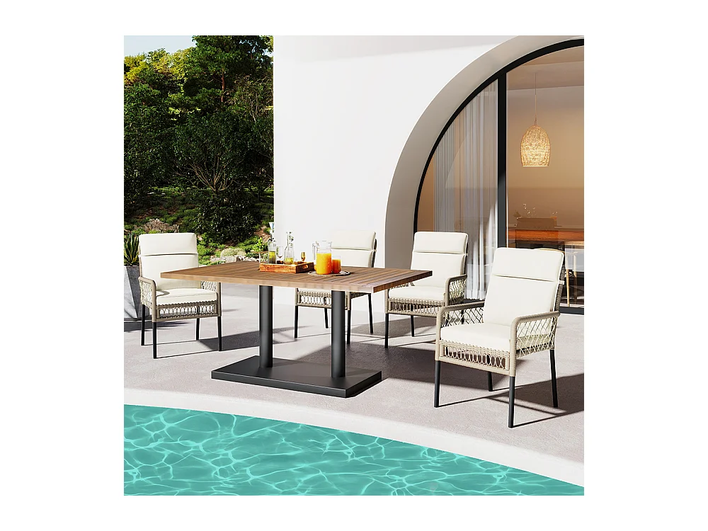 Ensemble table et chaises extérieur 5 pièces pour 4 personnes plateau bois acacia massif chaises rotin PE blanc+naturel