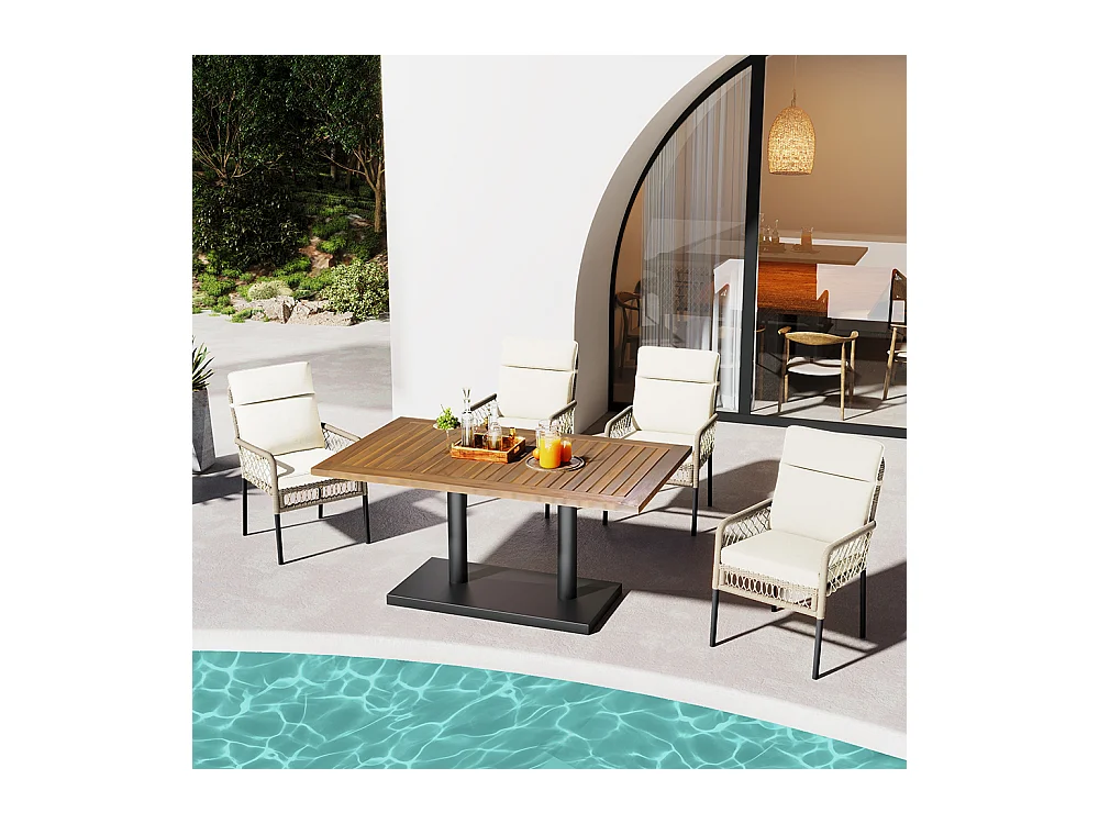 Ensemble table et chaises extérieur 5 pièces pour 4 personnes plateau bois acacia massif chaises rotin PE blanc+naturel