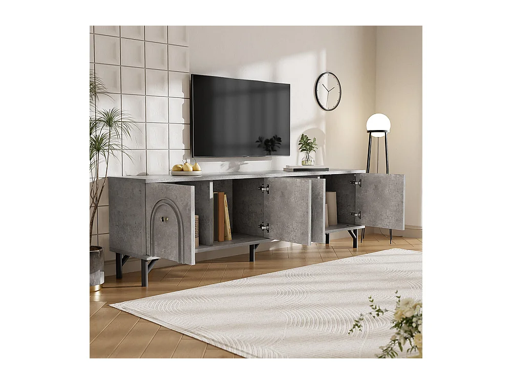 Meuble TV moderne 4 portes design élégant avec charnières à fermeture douce gris
