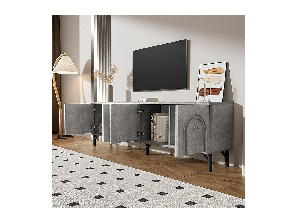 Meuble TV moderne 4 portes design élégant avec charnières à fermeture douce gris