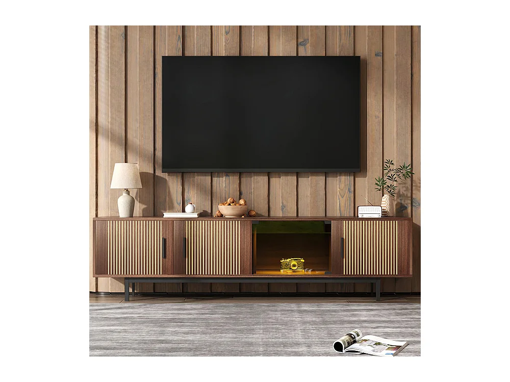 Meuble TV meuble bas avec texture sculptée avec bandeau lumineux LED et porte en verre trempé noir+naturel