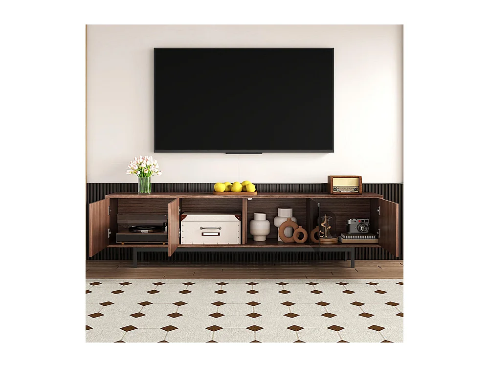 Meuble TV meuble bas avec texture sculptée avec bandeau lumineux LED et porte en verre trempé noir+naturel