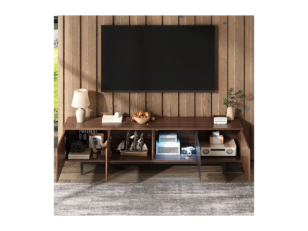 Meuble TV meuble bas avec texture sculptée avec bandeau lumineux LED et porte en verre trempé noir+naturel