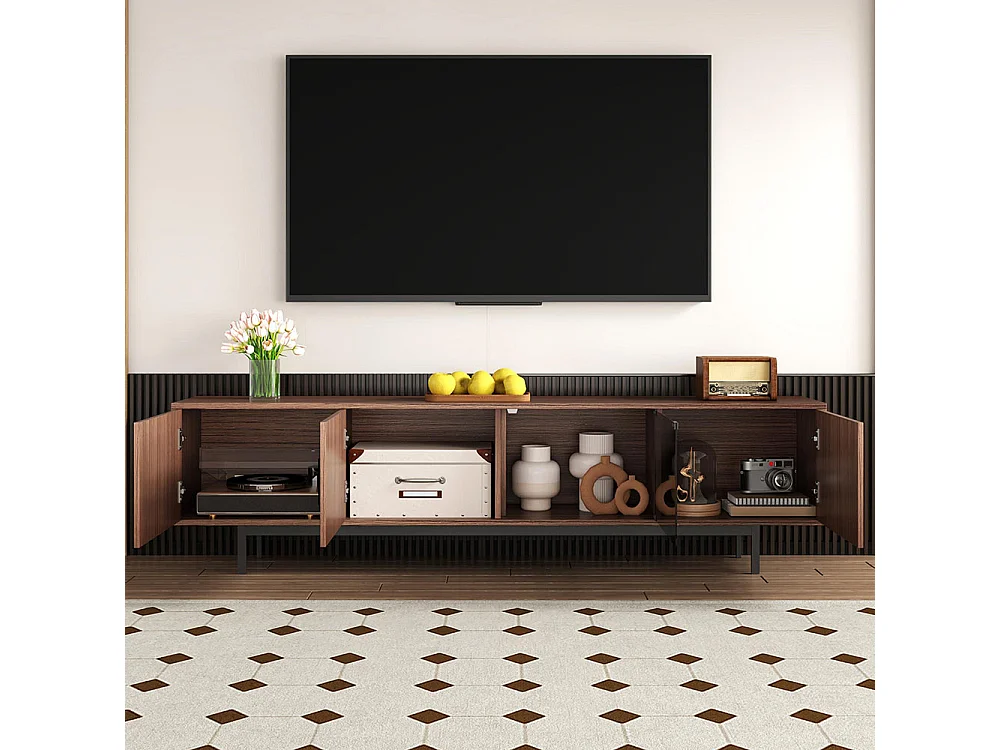 Meuble TV meuble bas avec texture sculptée avec bandeau lumineux LED et porte en verre trempé noir+naturel