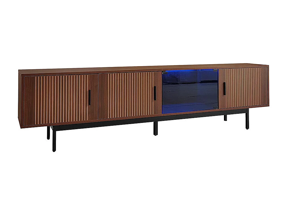 Meuble TV meuble bas avec texture sculptée avec bandeau lumineux LED et porte en verre trempé noir+naturel