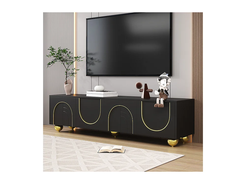 Meuble TV bas avec portes structurées ornements dorés pieds ronds dorés étagères intégrées ouverture par pression noir