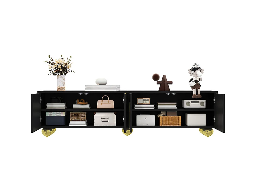 Meuble TV bas avec portes structurées ornements dorés pieds ronds dorés étagères intégrées ouverture par pression noir