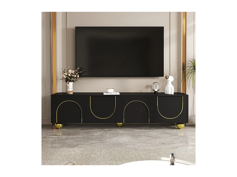 Meuble TV bas avec portes structurées ornements dorés pieds ronds dorés étagères intégrées ouverture par pression noir