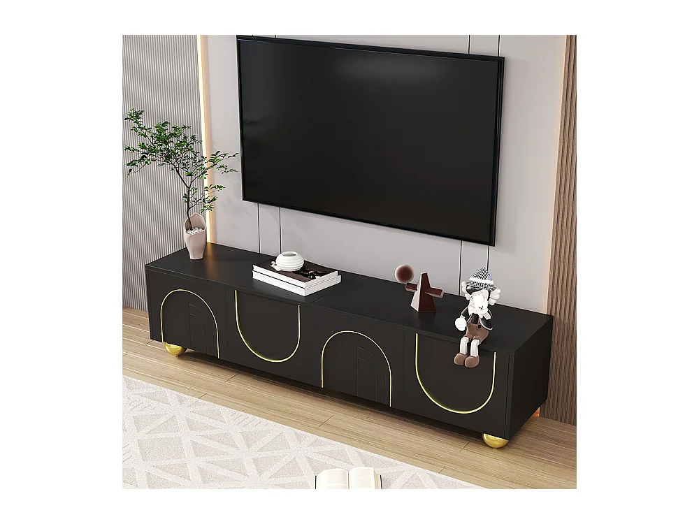 Meuble TV bas avec portes structurées ornements dorés pieds ronds dorés étagères intégrées ouverture par pression noir
