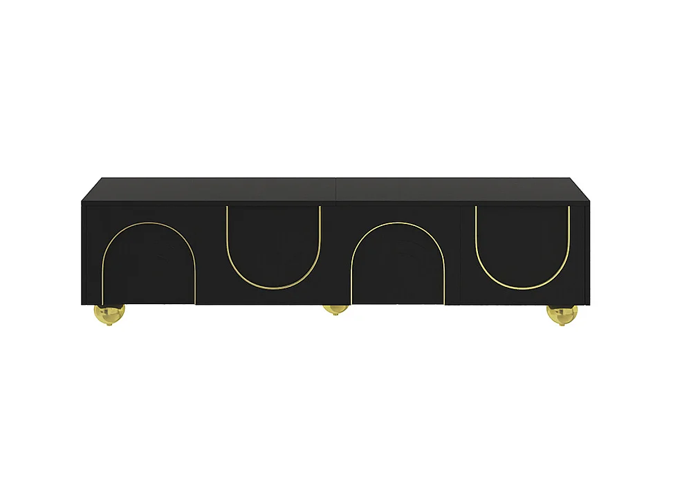 Meuble TV bas avec portes structurées ornements dorés pieds ronds dorés étagères intégrées ouverture par pression noir