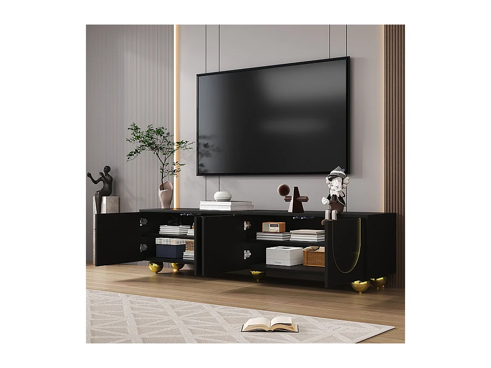 Meuble TV bas avec portes structurées ornements dorés pieds ronds dorés étagères intégrées ouverture par pression noir