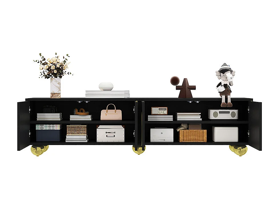Lage tv-meubel met gestructureerde deuren gouden versieringen ronde gouden poten ingebouwde planken drukopening zwart