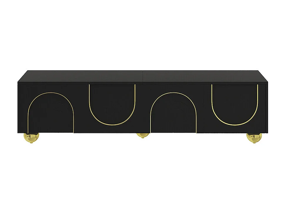 Lage tv-meubel met gestructureerde deuren gouden versieringen ronde gouden poten ingebouwde planken drukopening zwart