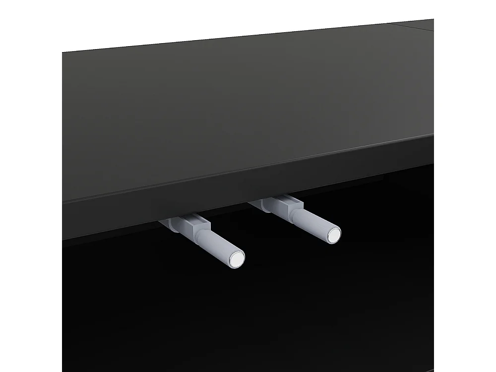 Lage tv-meubel met gestructureerde deuren gouden versieringen ronde gouden poten ingebouwde planken drukopening zwart