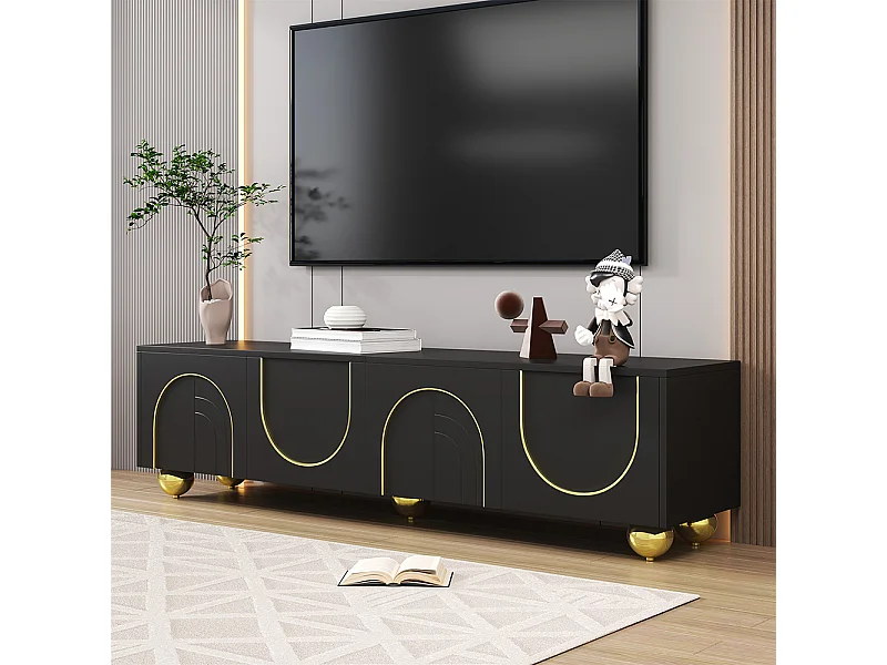 Meuble TV bas avec portes structurées ornements dorés pieds ronds dorés étagères intégrées ouverture par pression noir