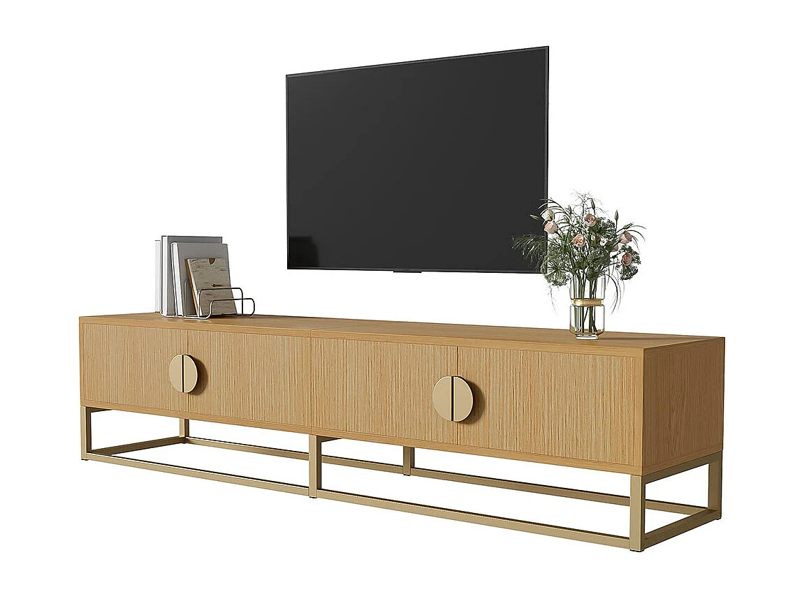 TV-meubel met houtnerf modern eetkamermeubel met 4 deuren en halfronde handgrepen van hout