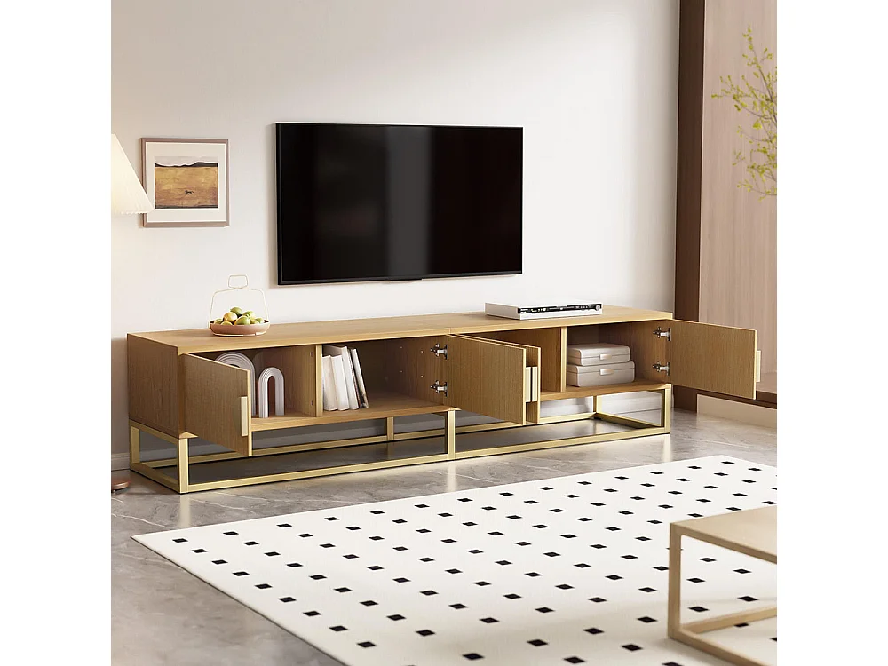 TV-meubel met houtnerf modern eetkamermeubel met 4 deuren en halfronde handgrepen van hout