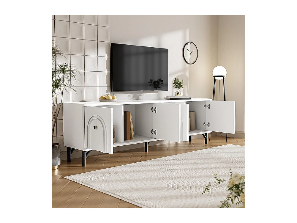 Meuble TV moderne 4 portes design élégant avec charnières à fermeture douce blanc