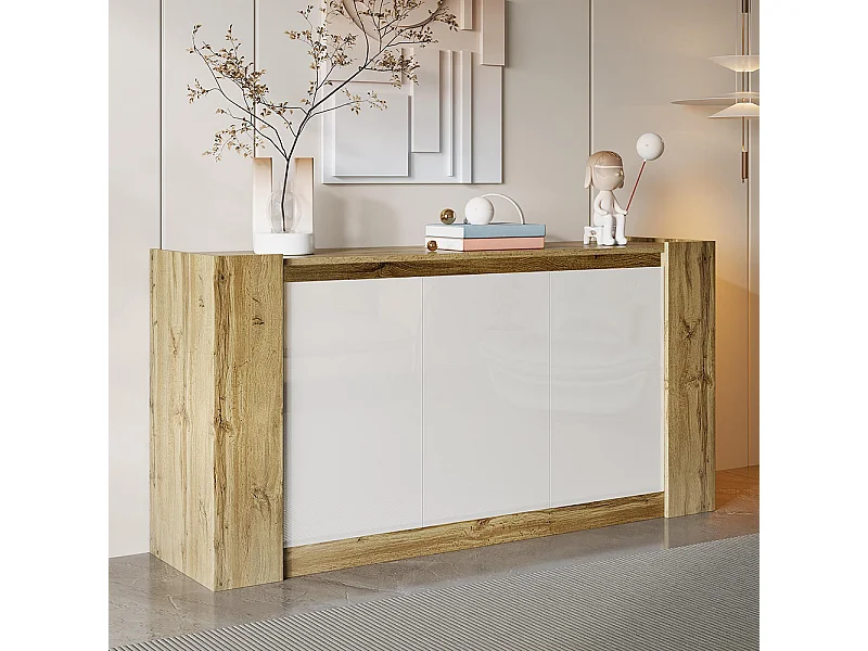 Elegante buffetkast in glanzend wit en hout design zonder handgrepen afgeschuinde deuren softclose scharnieren verstelbare legplanken naturel+wit