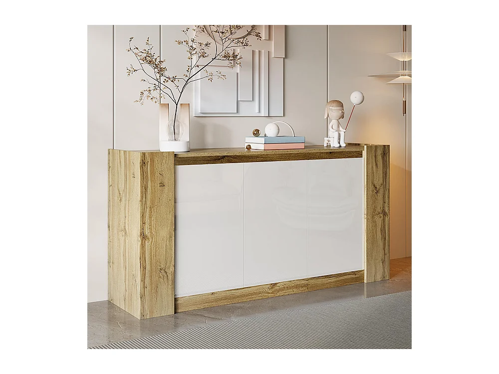 Elegante buffetkast in glanzend wit en hout design zonder handgrepen afgeschuinde deuren softclose scharnieren verstelbare legplanken naturel+wit