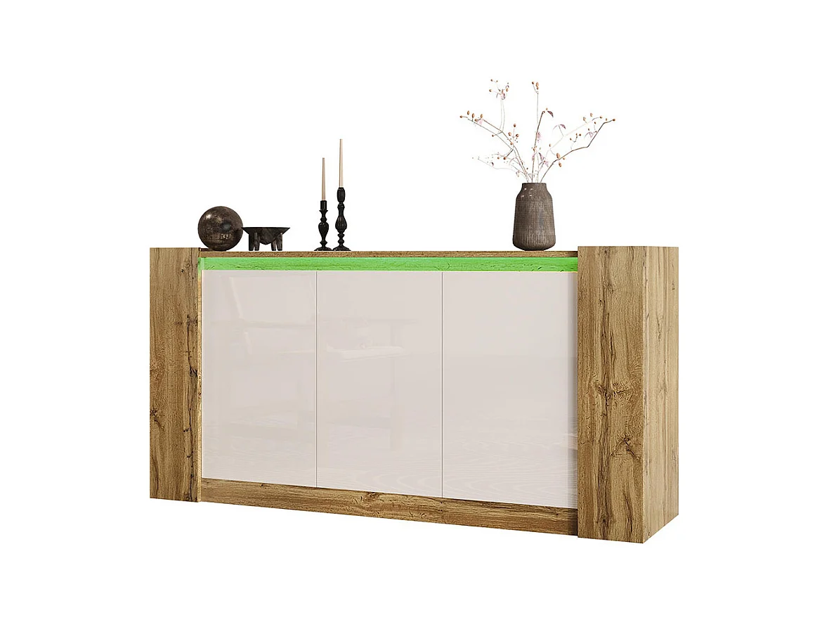 Elegante buffetkast in glanzend wit en hout design zonder handgrepen afgeschuinde deuren softclose scharnieren verstelbare legplanken naturel+wit