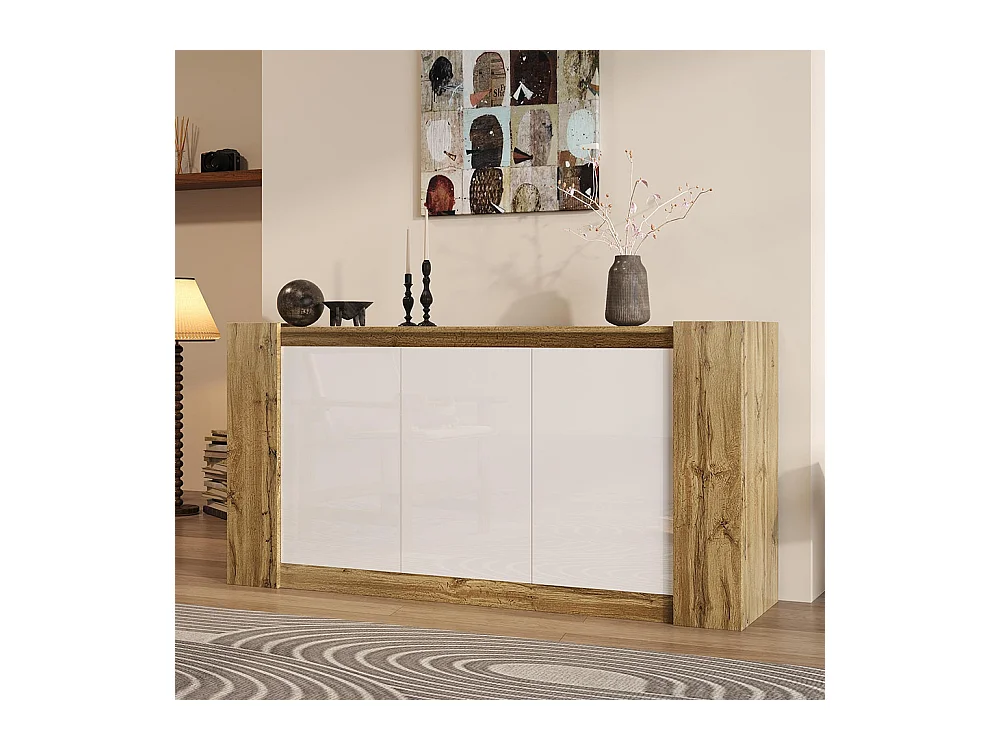 Elegante buffetkast in glanzend wit en hout design zonder handgrepen afgeschuinde deuren softclose scharnieren verstelbare legplanken naturel+wit