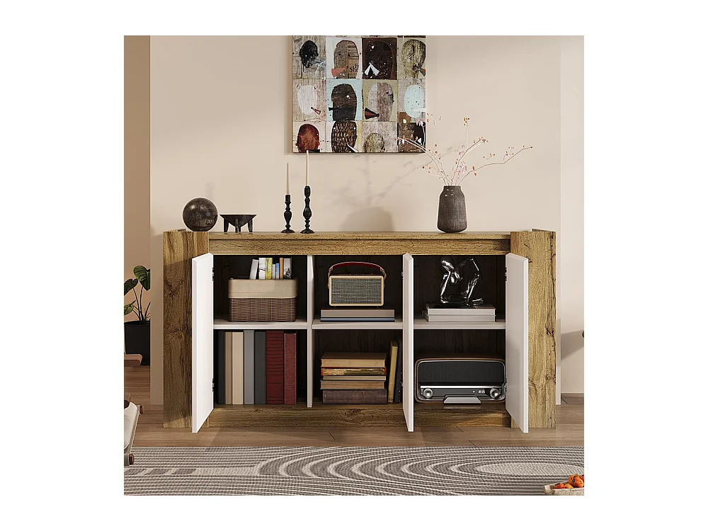 Elegante buffetkast in glanzend wit en hout design zonder handgrepen afgeschuinde deuren softclose scharnieren verstelbare legplanken naturel+wit