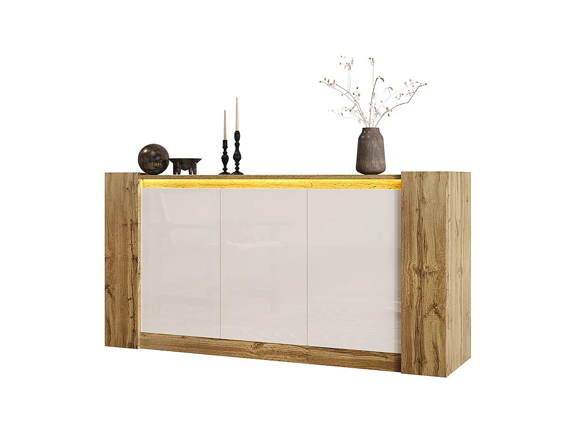 Elegante buffetkast in glanzend wit en hout design zonder handgrepen afgeschuinde deuren softclose scharnieren verstelbare legplanken naturel+wit