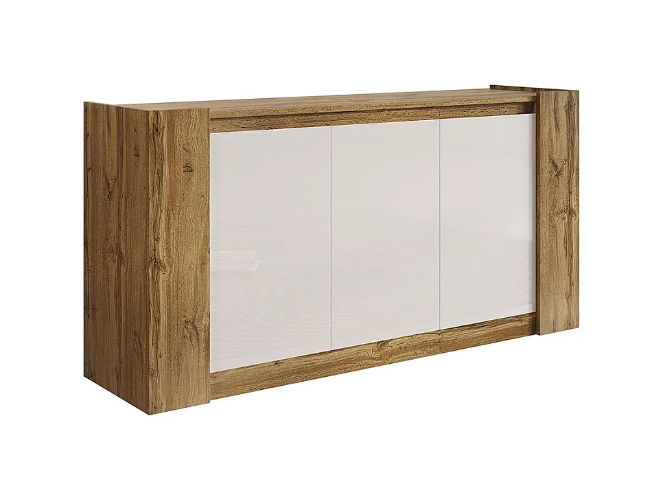 Elegante buffetkast in glanzend wit en hout design zonder handgrepen afgeschuinde deuren softclose scharnieren verstelbare legplanken naturel+wit