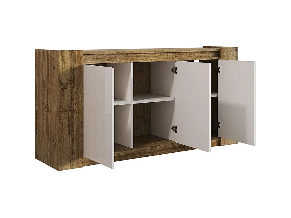 Elegante buffetkast in glanzend wit en hout design zonder handgrepen afgeschuinde deuren softclose scharnieren verstelbare legplanken naturel+wit