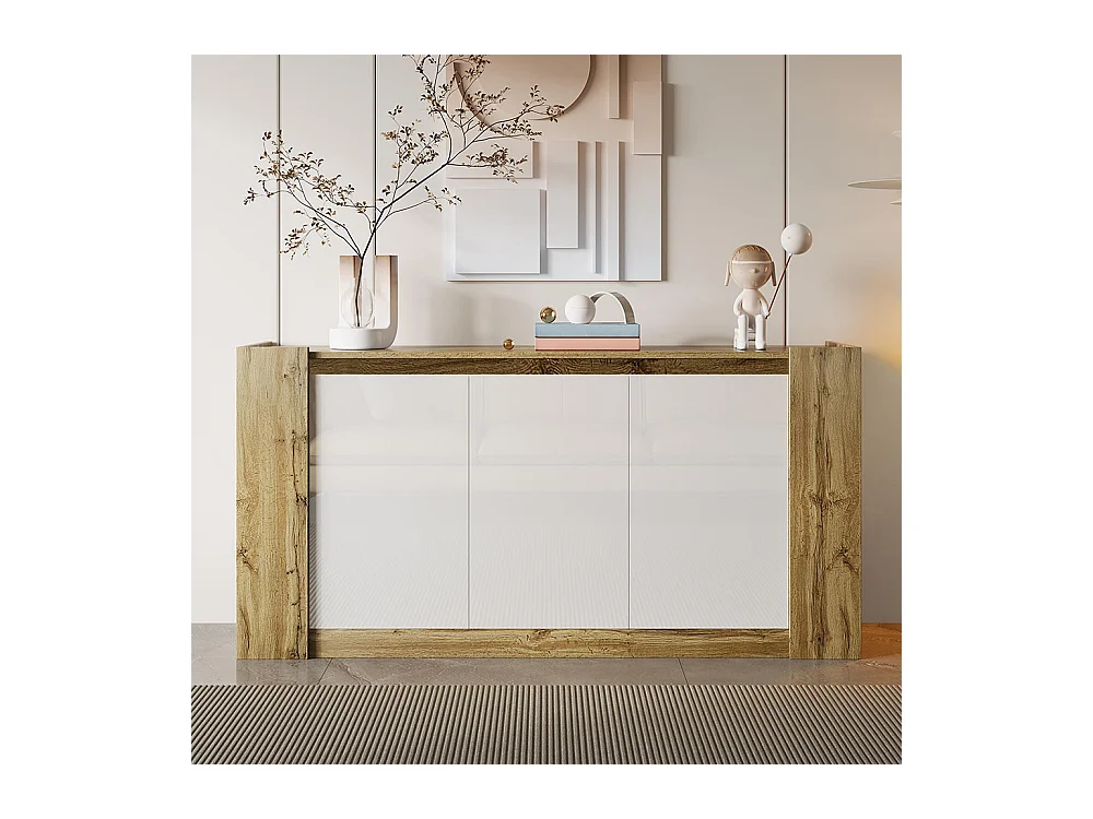 Elegante buffetkast in glanzend wit en hout design zonder handgrepen afgeschuinde deuren softclose scharnieren verstelbare legplanken naturel+wit
