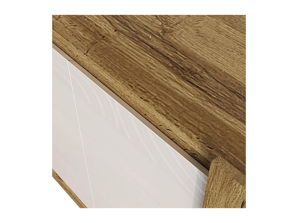 Elegante buffetkast in glanzend wit en hout design zonder handgrepen afgeschuinde deuren softclose scharnieren verstelbare legplanken naturel+wit