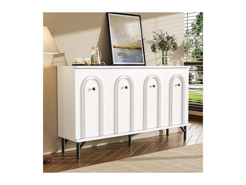 Buffet moderne 4 portes façade arquée en 3D étagères réglables rangement polyvalent blanc
