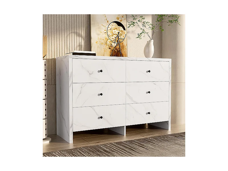 Commode élégant meuble de rangement aspect marbre 6 tiroirs poignées en bois noir dispositif anti-basculement blanc