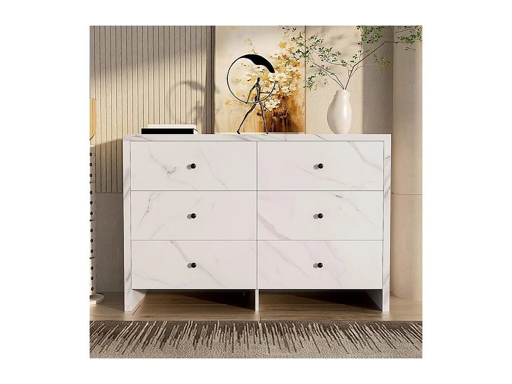 Elegante ladekast met marmerlook 6 lades handgrepen in zwart hout witte kantelbeveiliging