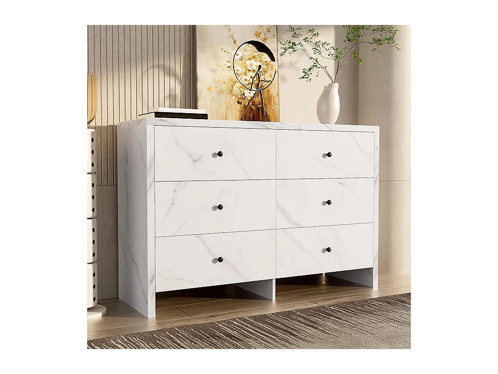 Commode élégant meuble de rangement aspect marbre 6 tiroirs poignées en bois noir dispositif anti-basculement blanc