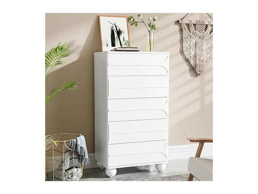 Commode 5 tiroirs design gaufré élégant pieds métalliques blancs grande capacité de rangement coins arrondis blanc