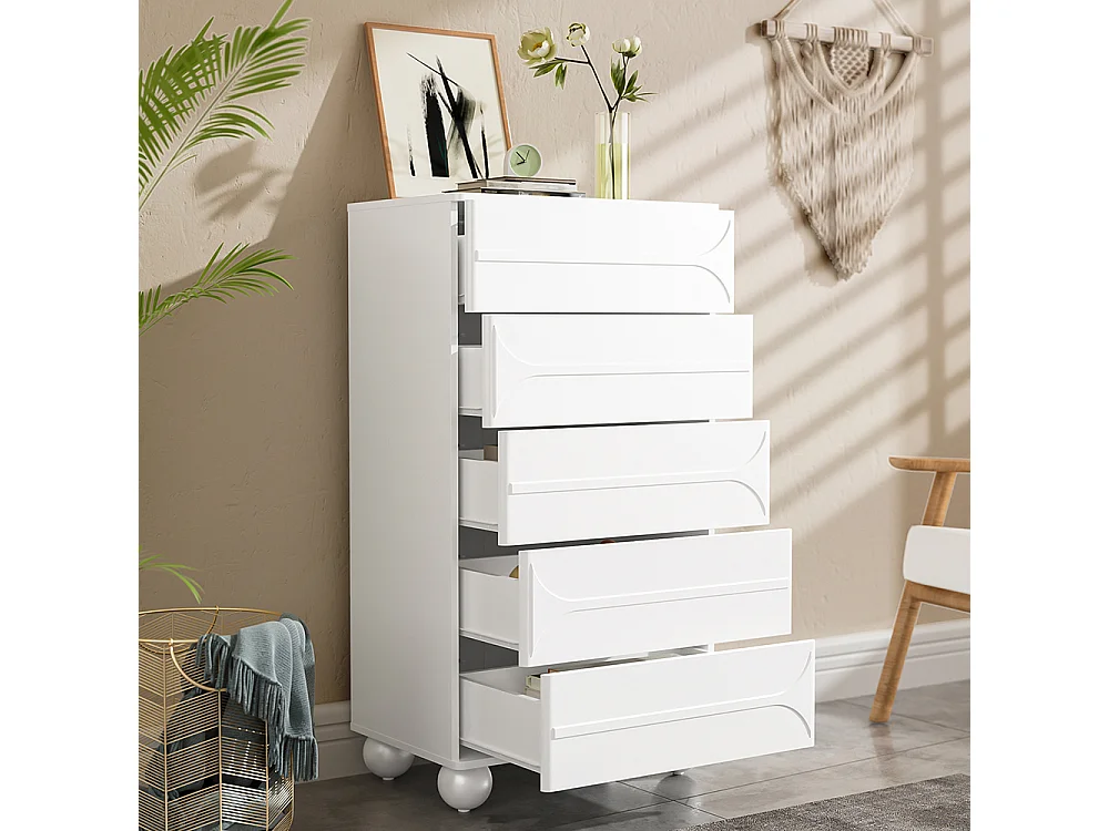 Commode 5 tiroirs design gaufré élégant pieds métalliques blancs grande capacité de rangement coins arrondis blanc