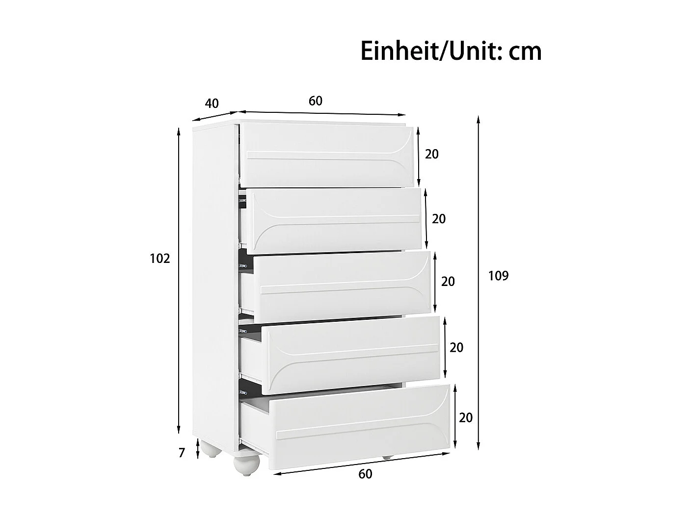Commode 5 tiroirs design gaufré élégant pieds métalliques blancs grande capacité de rangement coins arrondis blanc